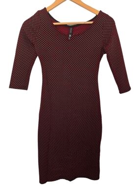 Y2K DGNY Red & Black Polka Dot Bodycon Midi Dress | 90s 2000s Medium